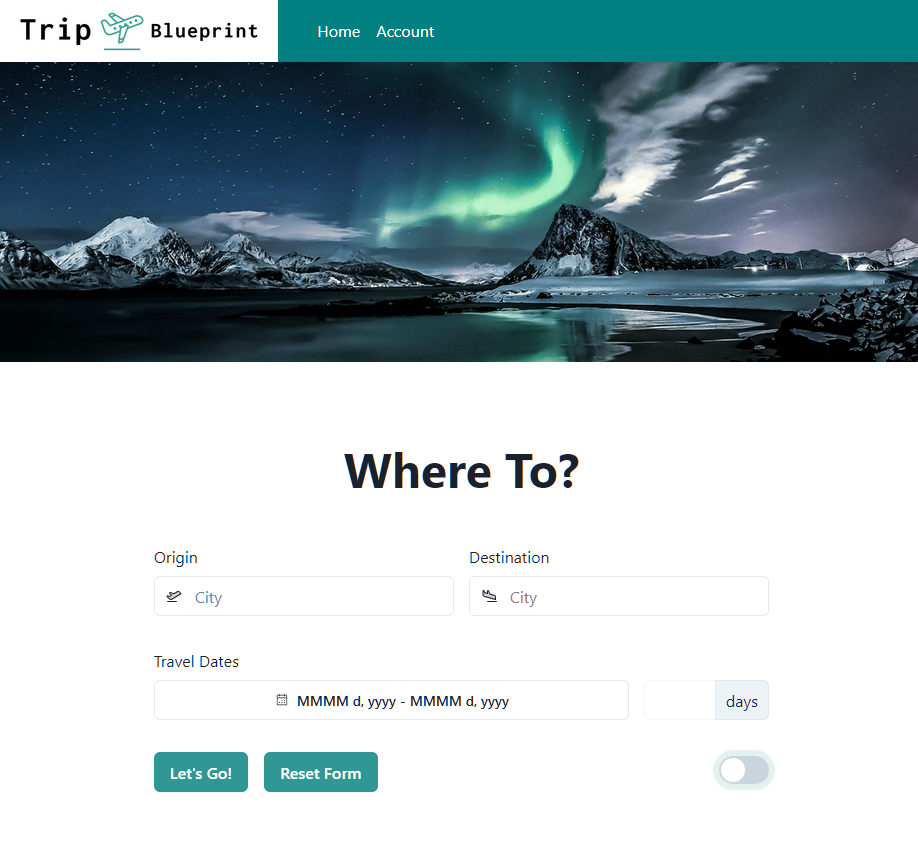 Welcome page for Trip Blueprint